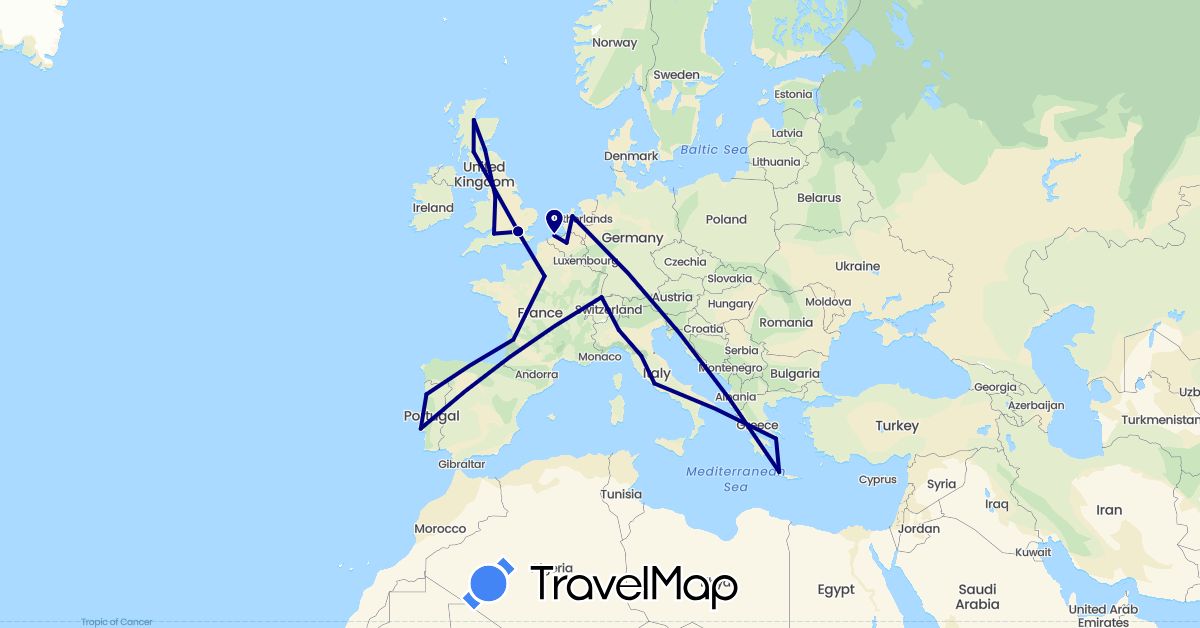 TravelMap itinerary: driving in Belgium, Switzerland, France, United Kingdom, Greece, Italy, Netherlands, Portugal (Europe)
